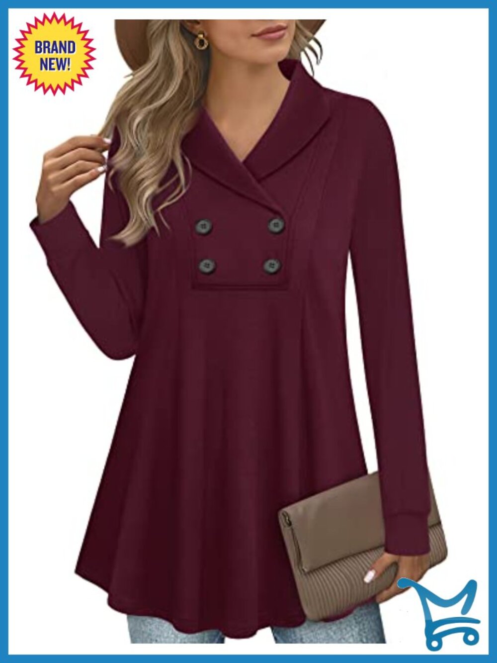 Womens V Neck Button Tunic Sweatshirt Long Sleeve Pullover Top